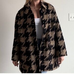 Vintage Per Se Brown and Black Houndstooth‎ Angora Wool Blend Coat Size 16